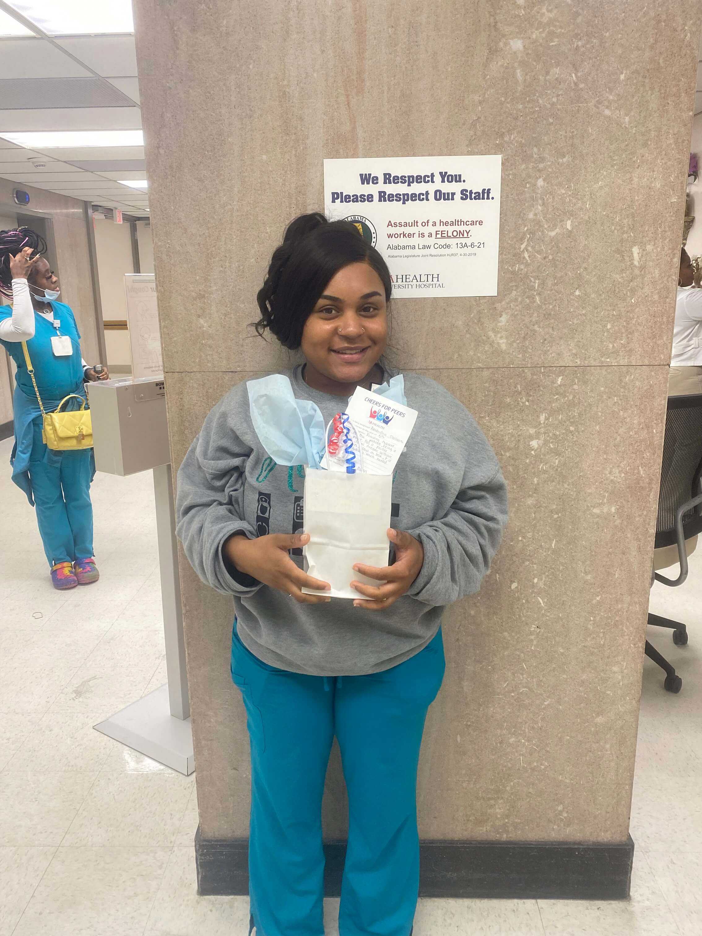 Alexandria Stallworth, a patient care assistant on the fifth floor at University Hospital, was named a Cheers for Peers winner. Cheers for Peers is a staff-to-staff recognition program.