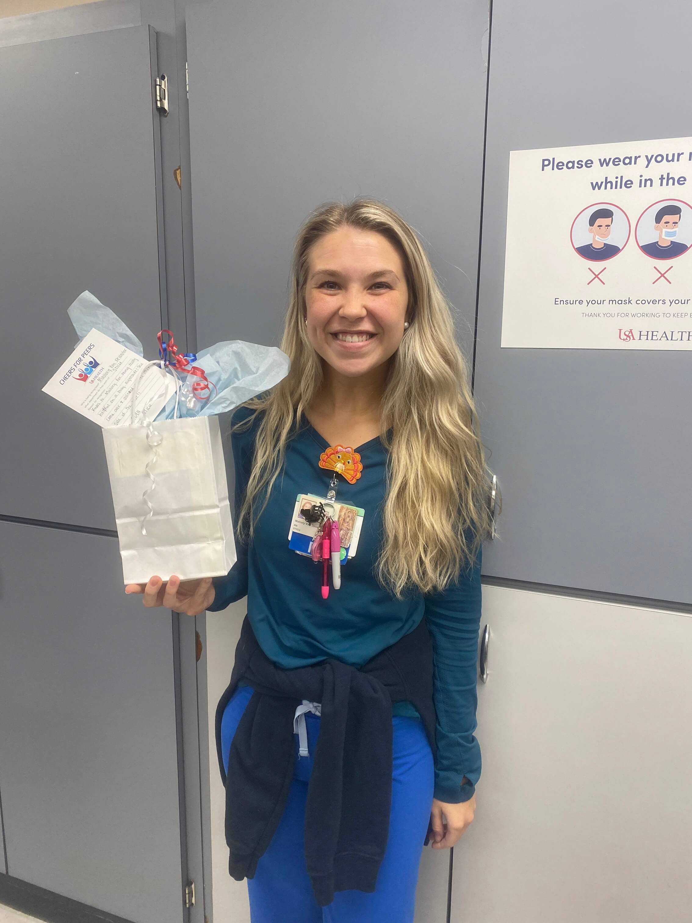 Mallory Van Devender, R.N., a nurse in the surgical trauma intensive care unit, was named a Cheers for Peers Winner at University Hospital.